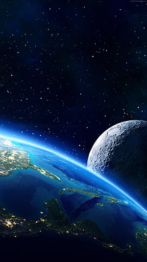 Earth and Moon Viewed From Deep Space With Starry Night Sky HD phone wallpaper