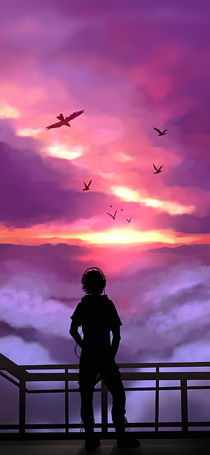 Anime Boy Silhouette With Headphones Watching Birds Fly Over Clouds At Sunset HD phone wallpaper
