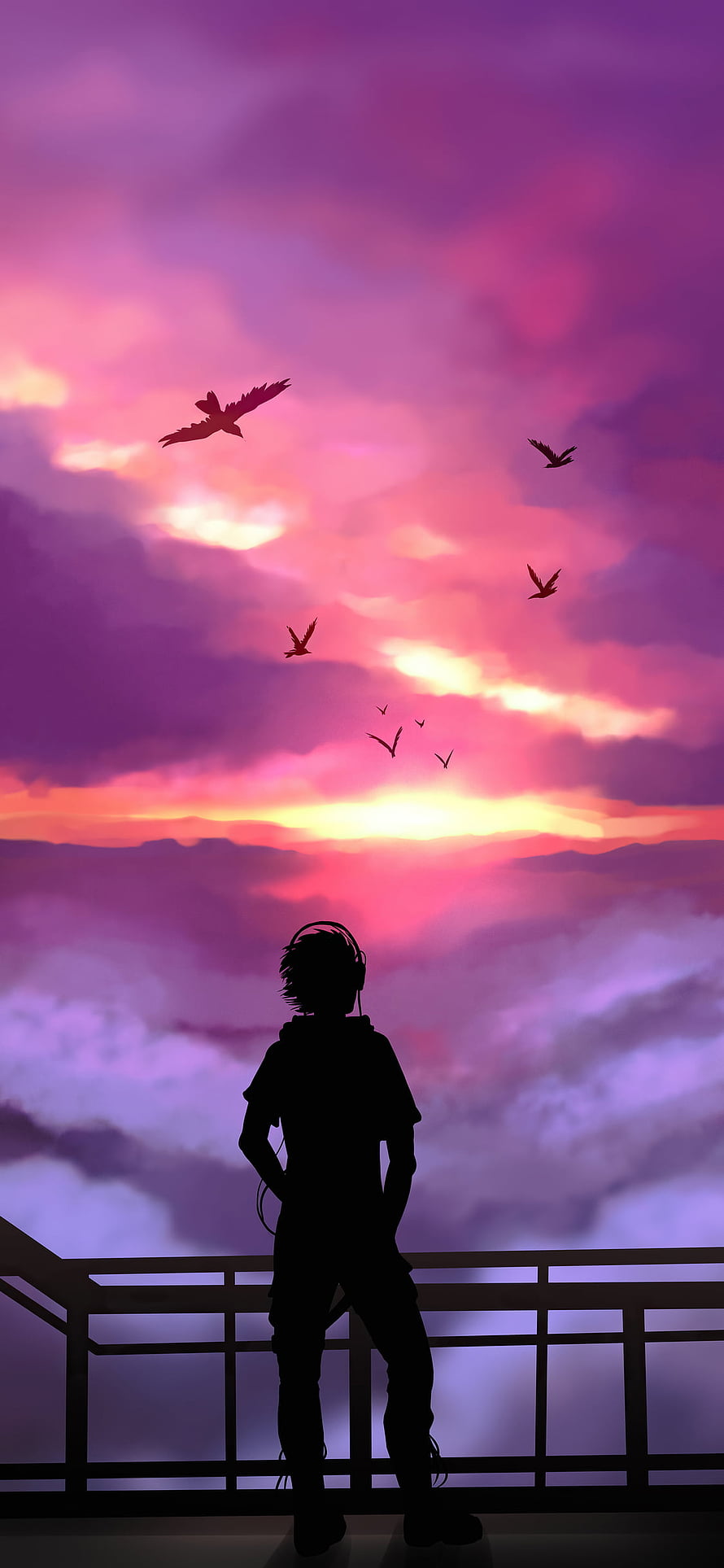 Anime Boy Silhouette With Headphones Watching Birds Fly Over Clouds At Sunset HD phone wallpaper