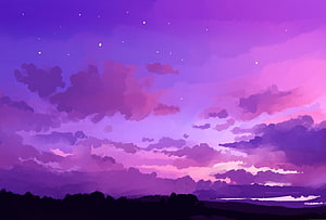 Purple Twilight Sky With Clouds And Stars Over Silhouette Landscape HD wallpaper