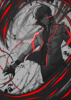 Anime Male Character With Red Eyes And Black Coat Surrounded By Red Energy Swirls HD phone wallpaper
