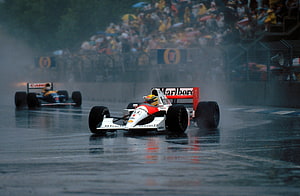 Ayrton Senna in the McLaren MP4-4 during a rainy Formula 1 race HD wallpaper