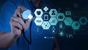 Doctor Holding Stethoscope with Digital Medical Hexagon Icons and Health Technology Interface HD wallpaper