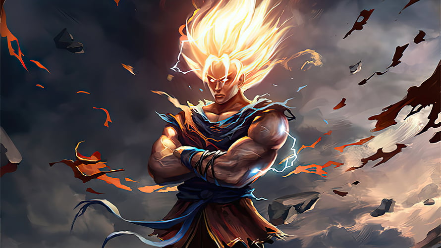 Super Saiyan Goku Fan Art with Fiery Aura and Floating Debris HD wallpaper