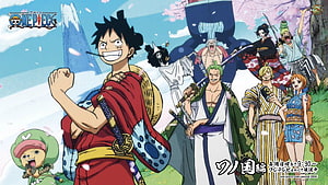 One Piece Wano Country Arc Anime Wallpaper Featuring Luffy and Straw Hat Crew HD wallpaper