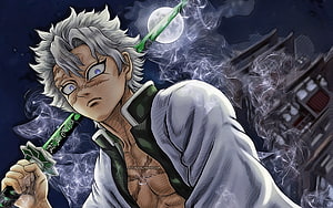 Sanemi Shinazugawa from Demon Slayer wielding his green katana in a dynamic anime illustration HD wallpaper
