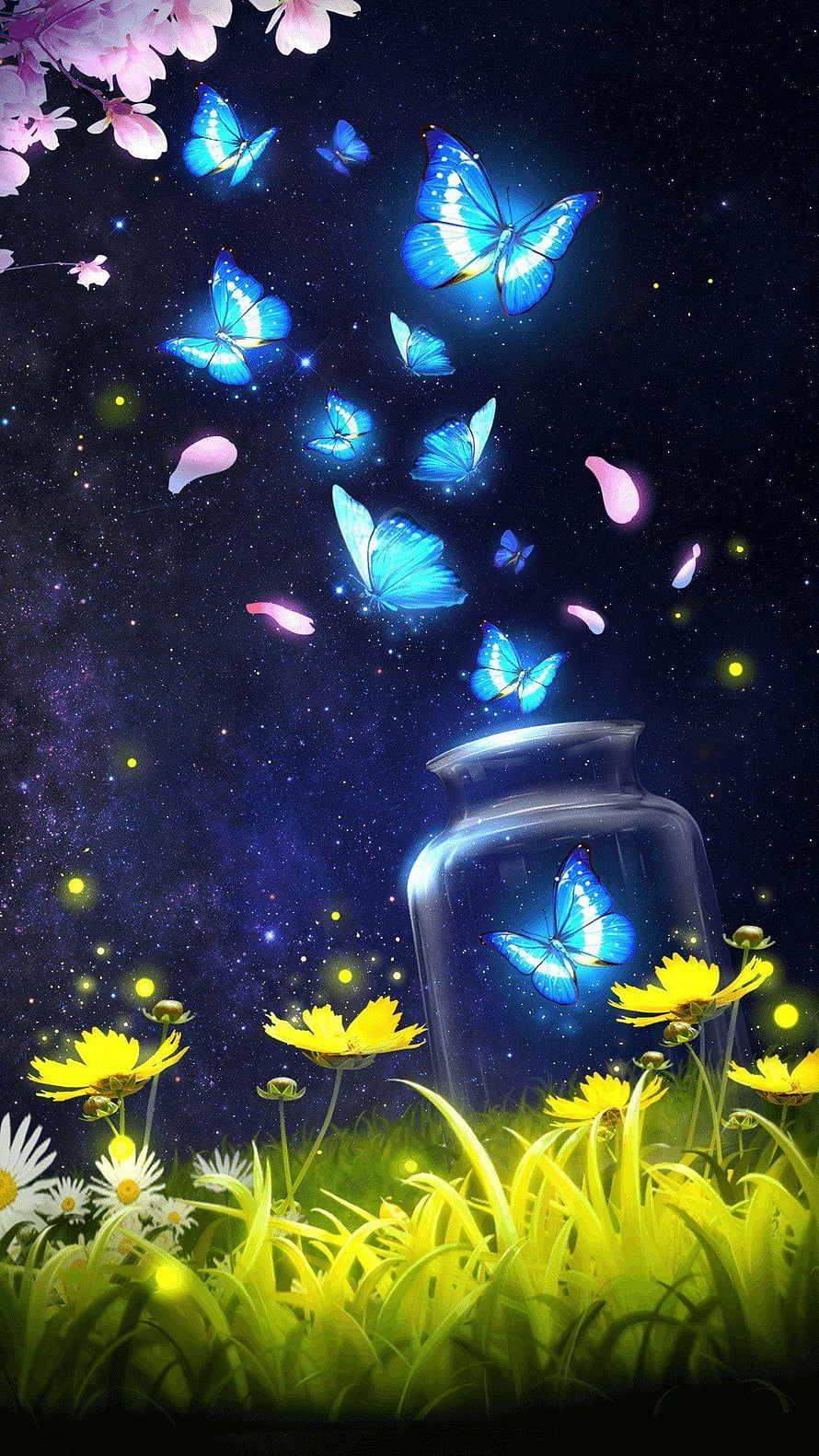 Magical Blue Butterflies Escaping a Glass Jar into a Starry Night Sky with Glowing Flowers HD phone wallpaper