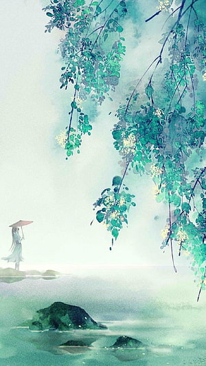 Serene Japanese Watercolor Landscape with Willow Branches and Figure with Umbrella HD phone wallpaper