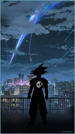 Goku Silhouette Watching Meteor Shower Over City Night Sky HD phone wallpaper