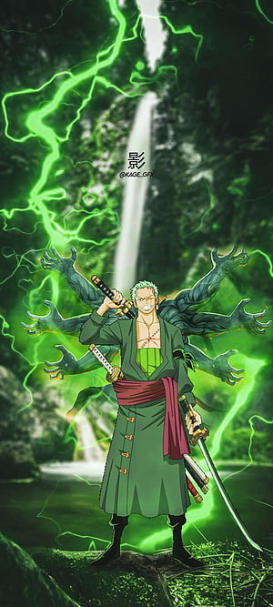 Roronoa Zoro in Three-Sword Style with Green Energy Aura and Waterfall Background HD phone wallpaper