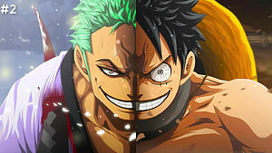 Roronoa Zoro and Monkey D. Luffy Split Face Portrait One Piece Anime Wallpaper HD wallpaper