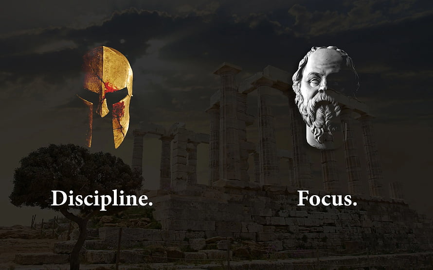 Ancient Greek Temple with Spartan Helmet and Philosopher Bust HD wallpaper