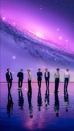 BTS Standing in a Line Under a Purple Galaxy Sky with Water Reflections HD phone wallpaper