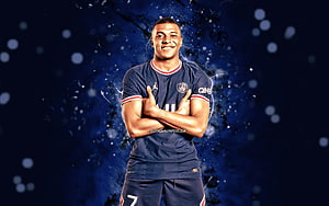 Kylian Mbappe Paris Saint-Germain Blue Jersey Soccer Player Portrait HD wallpaper