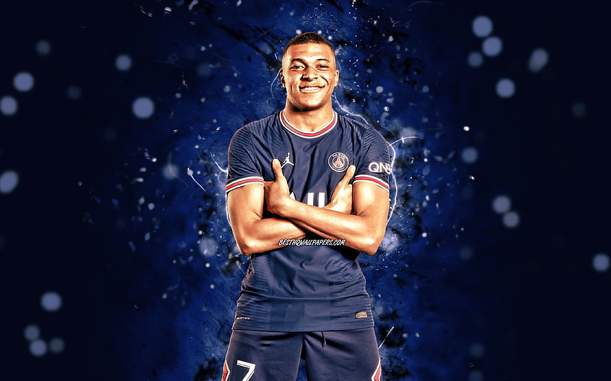 Kylian Mbappe Paris Saint-Germain Blue Jersey Soccer Player Portrait HD wallpaper