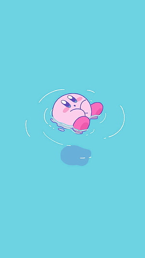 Kirby Floating in Water Minimalist Illustration with Soft Cyan Background HD phone wallpaper