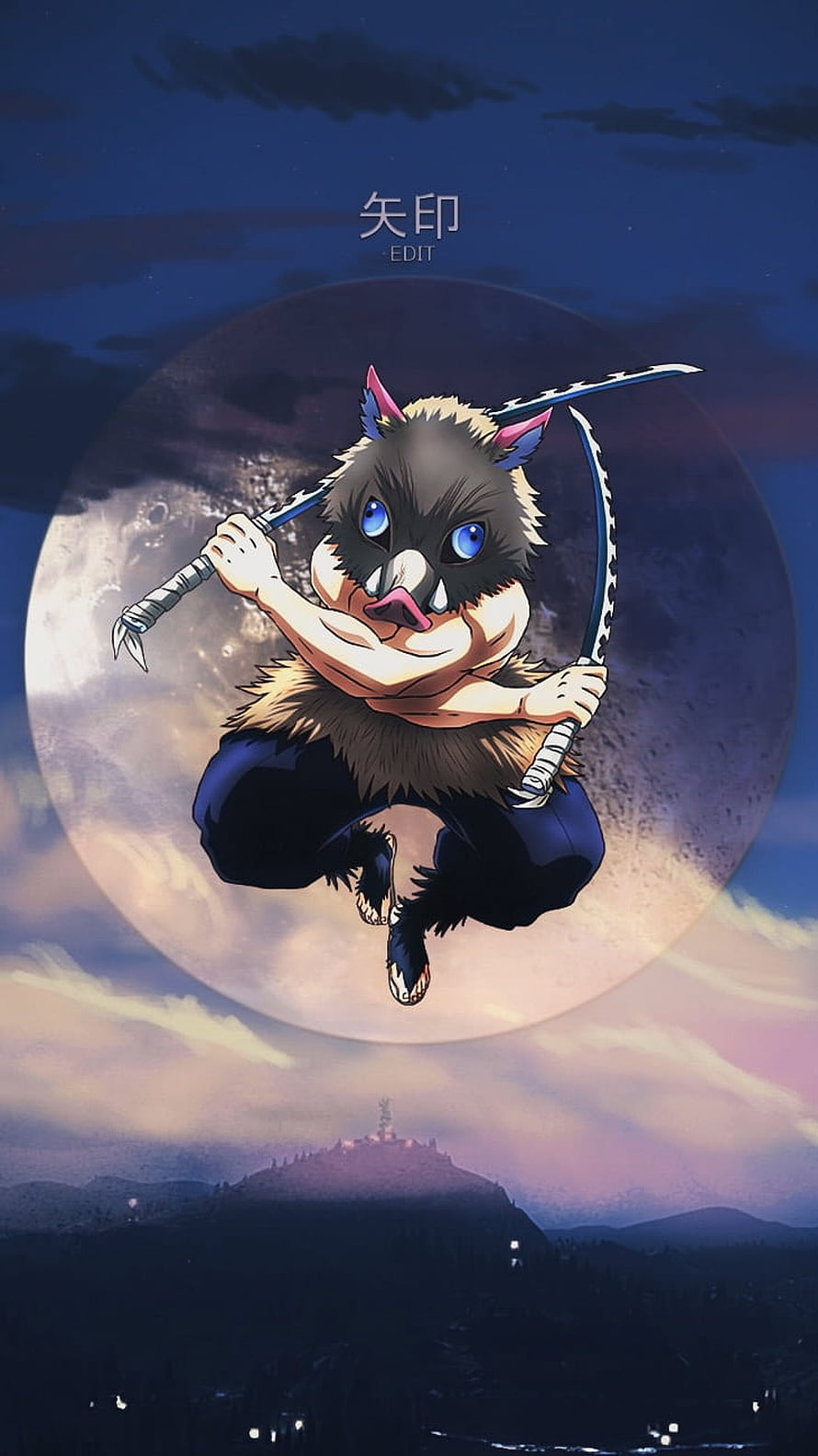 Inosuke Hashibira from Demon Slayer leaping with dual blades against a giant full moon HD phone wallpaper