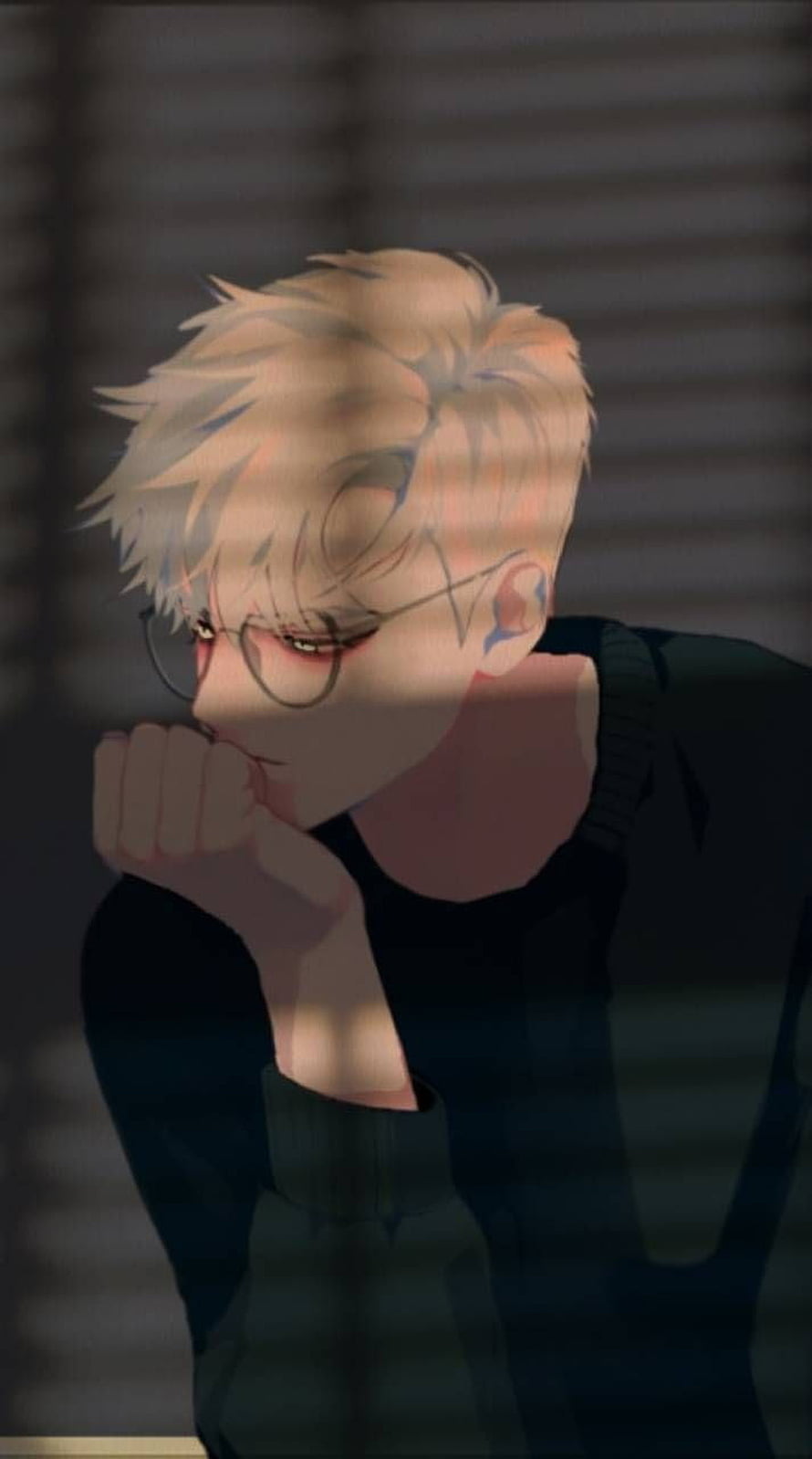 Anime Boy With Glasses And Blonde Hair In Shadowy Room HD phone wallpaper