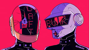 Daft Punk Anime Style Illustration with Neon Pink Background and Futuristic Helmets HD wallpaper