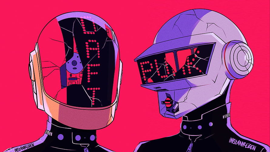 Daft Punk Anime Style Illustration with Neon Pink Background and Futuristic Helmets HD wallpaper