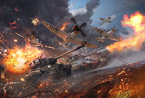 War Thunder WWII Battle Scene Featuring Tanks and Fighter Planes Amid Explosions HD wallpaper