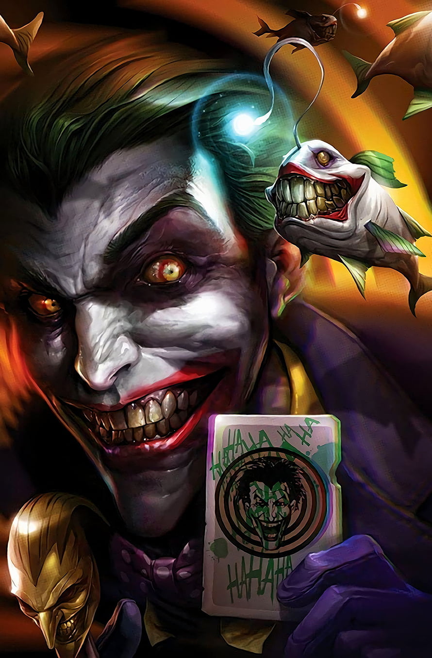 Joker Dark Fantasy Illustration with Grinning Fish and Playing Card HD phone wallpaper