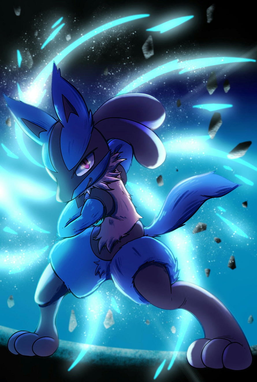 Mega Lucario Dynamic Fighting Pose with Cyan Energy Aura and Floating Debris HD phone wallpaper