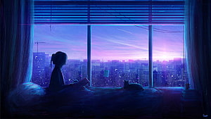 Anime Girl Reading In Bed With Cat Overlooking Neon City Skyline At Sunset HD wallpaper