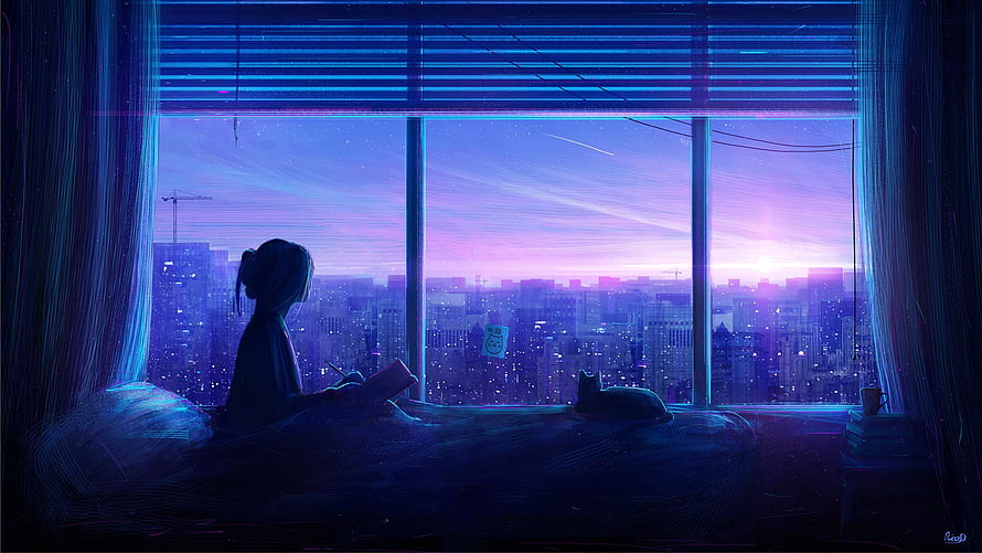 Anime Girl Reading In Bed With Cat Overlooking Neon City Skyline At Sunset HD wallpaper