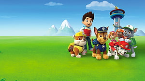 Paw Patrol Team Group Portrait on Green Meadow with Watchtower and Mountains HD wallpaper