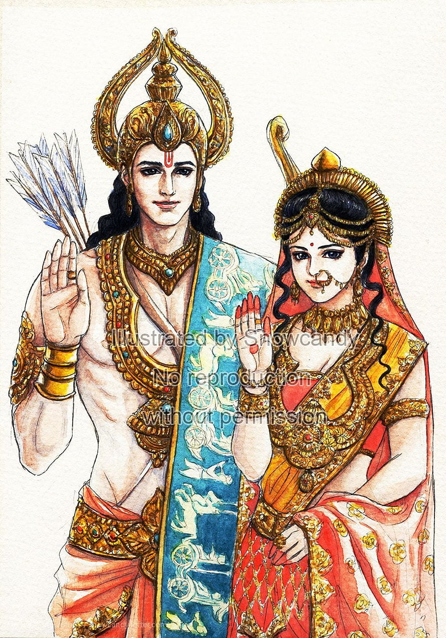Lord Rama and Sita in Traditional Indian Watercolor Illustration HD phone wallpaper