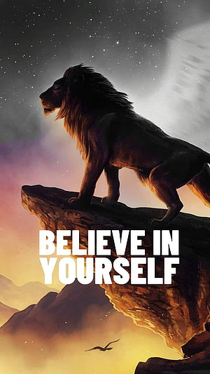 Majestic Lion Standing on Rocky Cliff at Sunset with Motivational Quote HD phone wallpaper