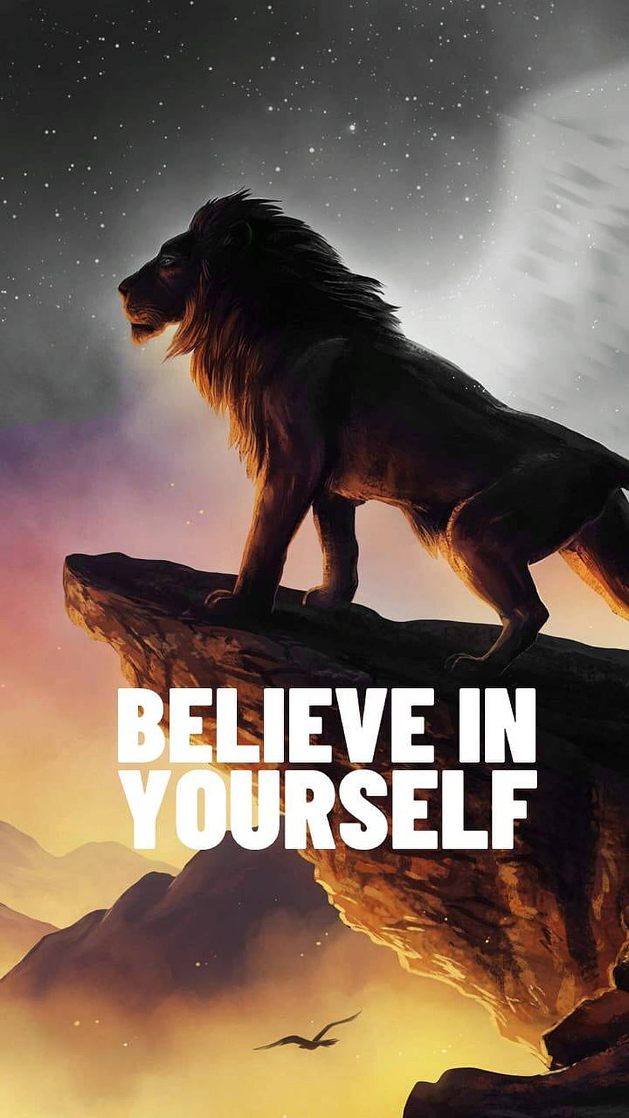Majestic Lion Standing on Rocky Cliff at Sunset with Motivational Quote HD phone wallpaper