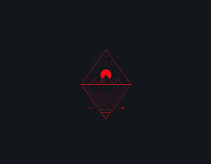 Minimalist Geometric Mountain Landscape with Red Sun on Dark Background HD wallpaper
