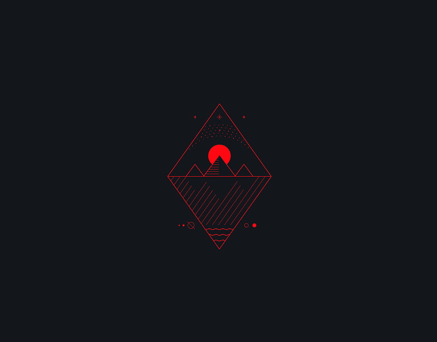 Minimalist Geometric Mountain Landscape with Red Sun on Dark Background HD wallpaper