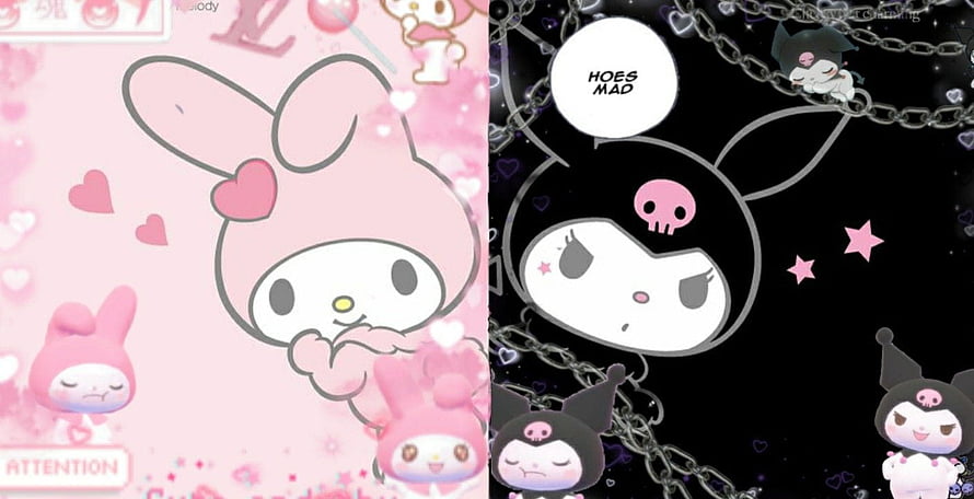 My Melody and Kuromi Split Wallpaper with Pink and Black Aesthetic HD wallpaper