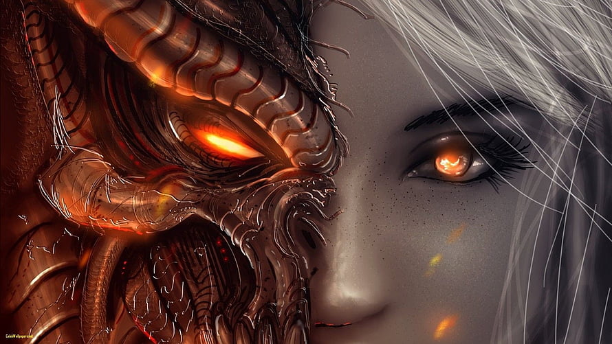 Cybernetic Dragon Mask Woman With Glowing Orange Eyes And White Hair, Diablo 3 Ultra Diablo 3 , Diablo IV HD wallpaper