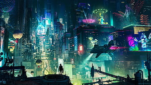 Blade Runner Cityscape Concept Art with Neon Lights and Flying Vehicles HD wallpaper