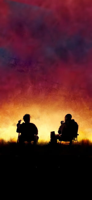 Silhouettes of Two People Sitting in Chairs Watching a Vibrant Sunset Sky HD phone wallpaper