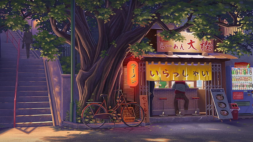 Cozy Japanese Ramen Shop at Dusk with Bicycle and Large Tree HD wallpaper