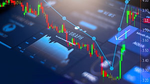 Digital Stock Market Candlestick Chart and Financial Graph Analysis on Blue Screen HD wallpaper