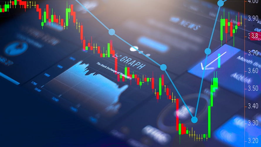 Digital Stock Market Candlestick Chart and Financial Graph Analysis on Blue Screen HD wallpaper