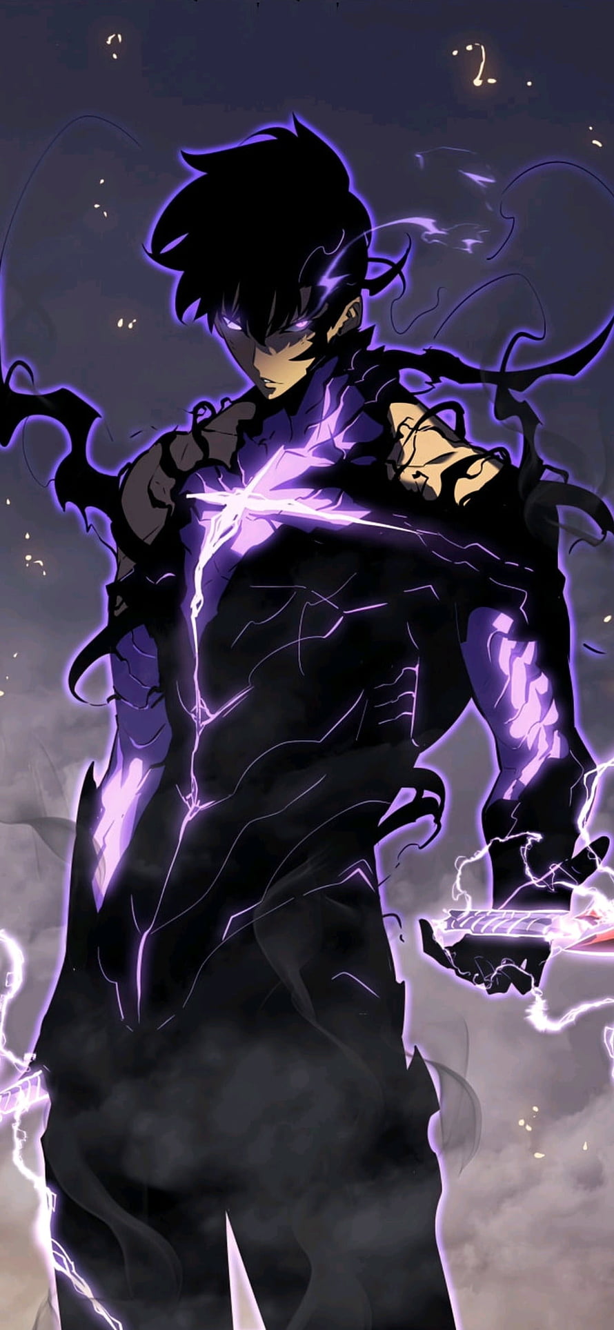 Anime Male Character With Purple Lightning Aura And Dark Energy HD phone wallpaper