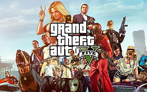 Grand Theft Auto V Key Art Featuring Main Characters, Weapons, and Los Santos Cityscape HD wallpaper