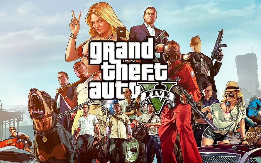 Grand Theft Auto V Key Art Featuring Main Characters, Weapons, and Los Santos Cityscape HD wallpaper