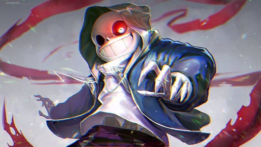 Sans Dusttale from Undertale in a menacing pose with glowing red eye and dark hooded jacket HD wallpaper