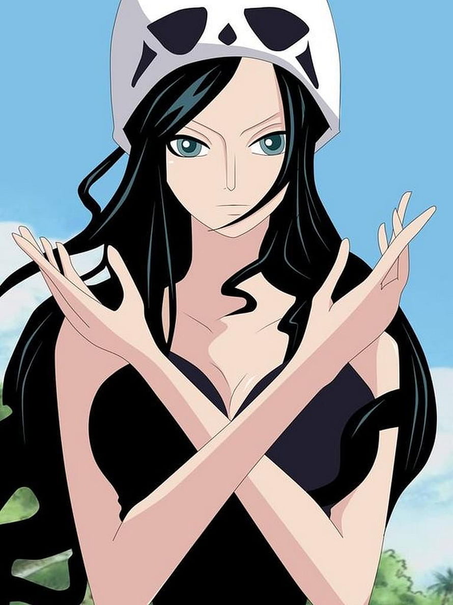 Nico Robin Anime Character Portrait with Crossed Arms and Skull Hat HD phone wallpaper