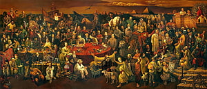 Dante Discussing the Divine Comedy in a Grand Historical Gathering HD wallpaper