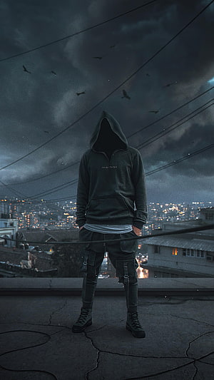Silhouette in Dark Hoodie Standing on Rooftop Over Night City HD phone wallpaper