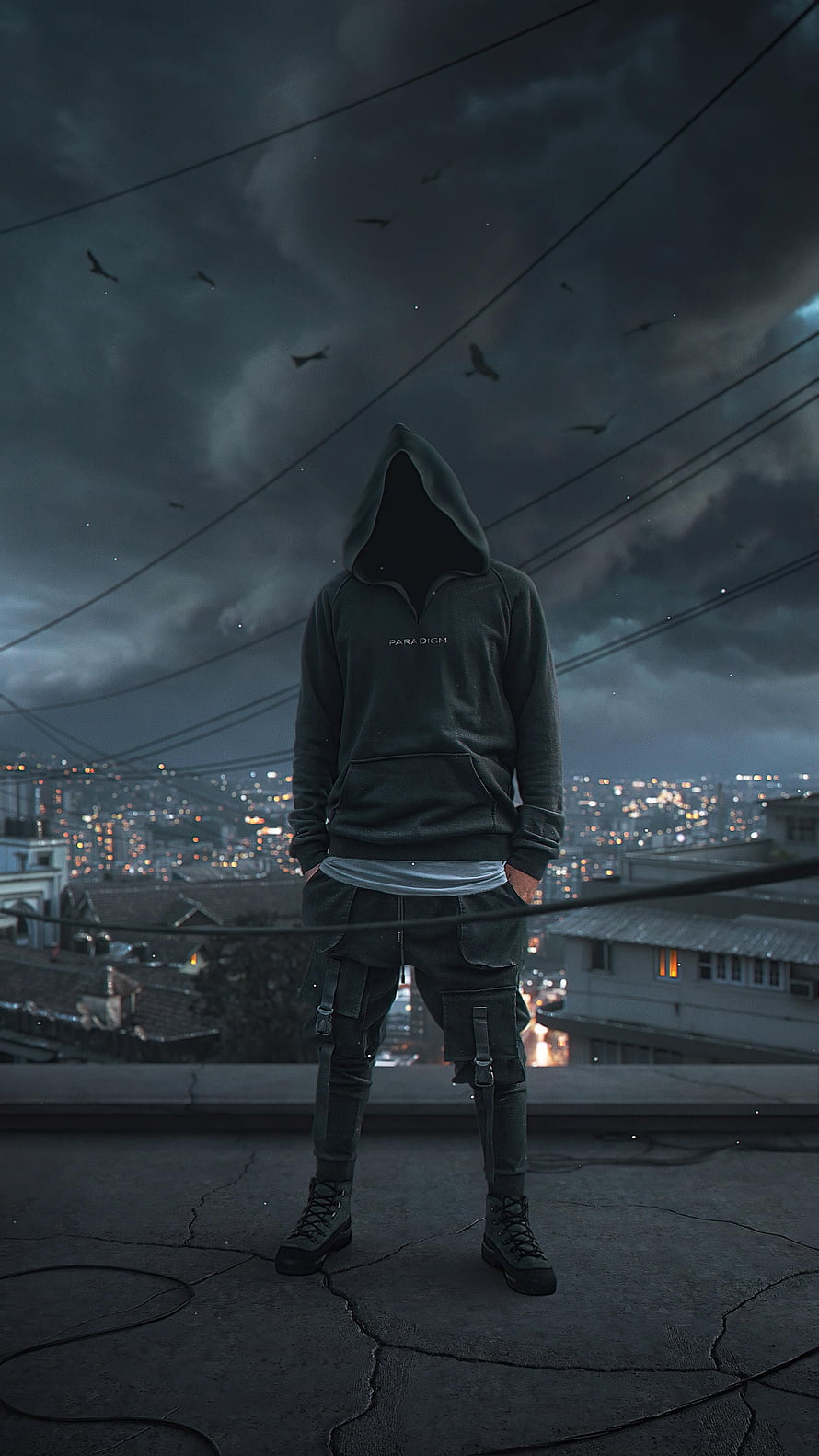 Silhouette in Dark Hoodie Standing on Rooftop Over Night City HD phone wallpaper